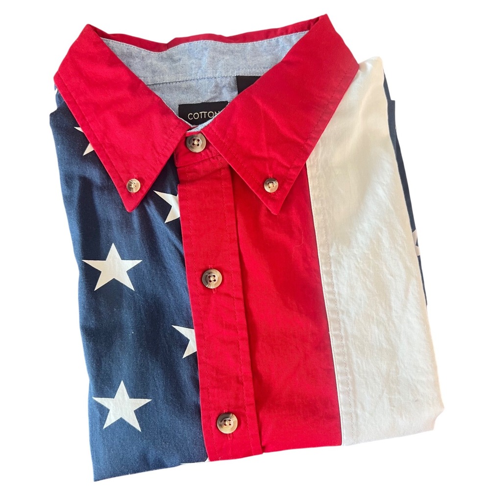 Cotton Traders Sport Mens XXL American Flag Stars Stripes Button Down Shirt NEW